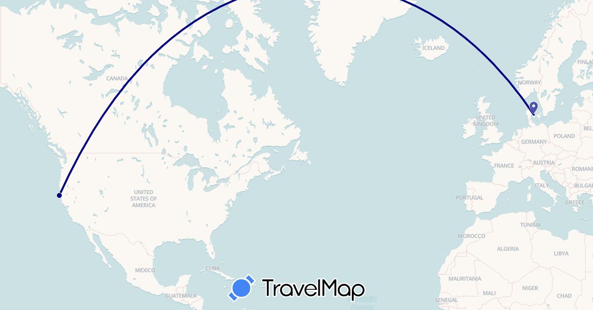 TravelMap itinerary: driving in Denmark, United States (Europe, North America)